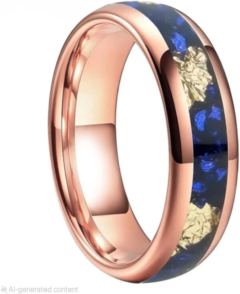 6MM Men Women Tungsten Carbide Ring Band Blue Crystal Stone And Gold Foil Inlaid Comfort fit Ring