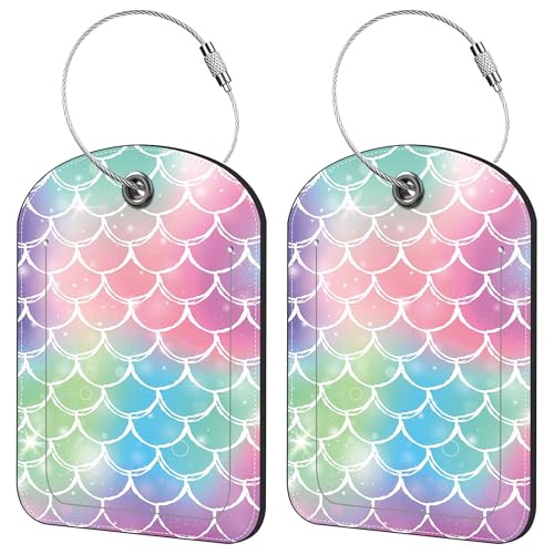 iapodiad 2 Pack Cute Luggage Tag for Suitcases Tie-dye Fish Scale Leather Luggage Tags with Stainless Steel Loop Privacy Flap Name Tags,Men and Women Travel Bag Suitcase Tags