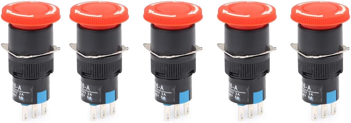 Clyxgs Self-Locking Emergency Stop Mushroom Push Button Switch SPDT NO NC DC30V 5A AC250V 3A Light 16mm in diameter Red 5PCS