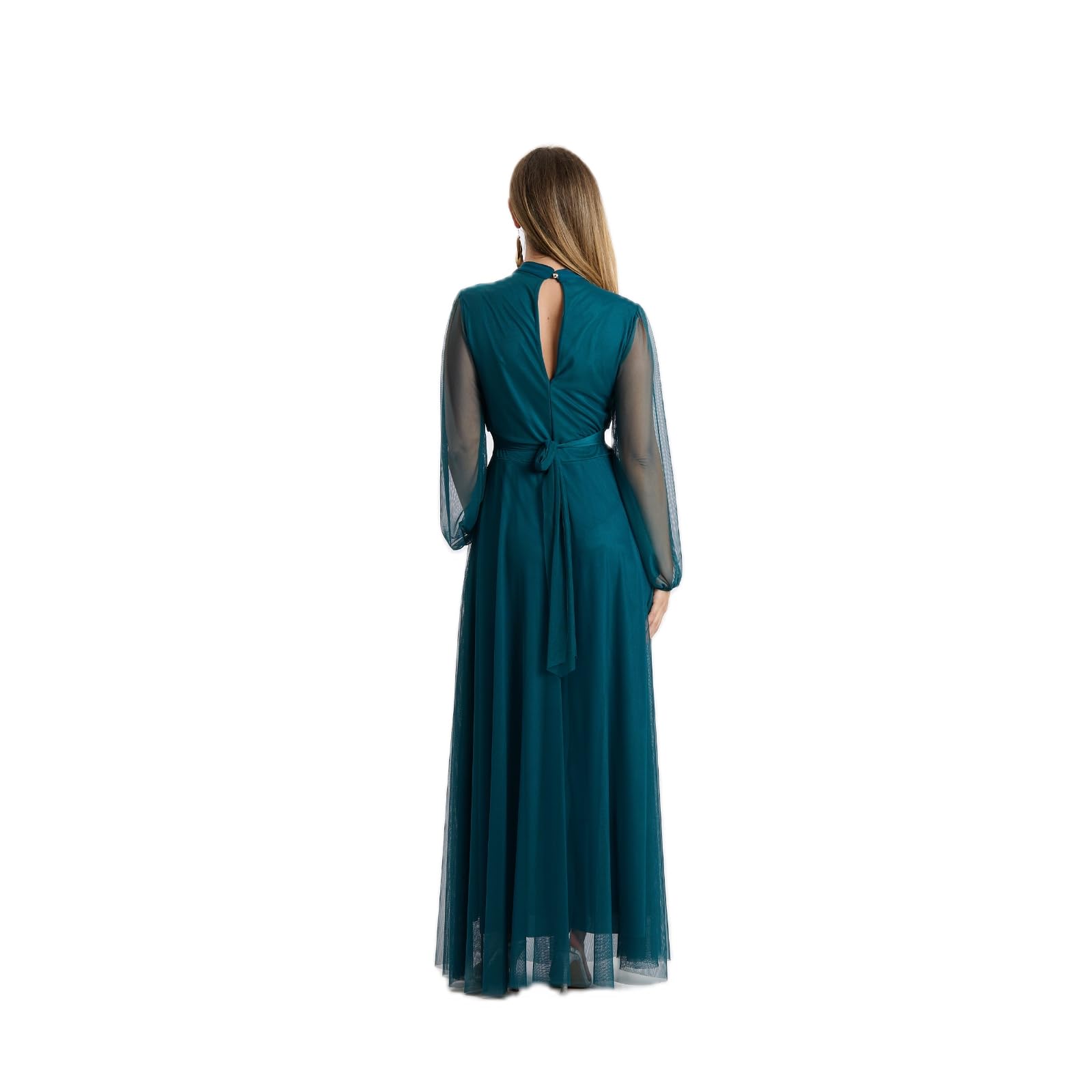 Abito Lungo Elegante Donna in Tulle – Collo Alto con Scollo a Goccia, Maniche Trasparenti, Vita Segnata – Vestito da Cerimonia, Festa ed Eventi
