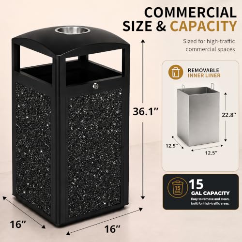 Image of Commercial Outdoor Trash Can with Ashtray and Lockable Lid | Heavy Duty，15 Gallon, Removable Inner Liner, Stone Composite Panels, Black