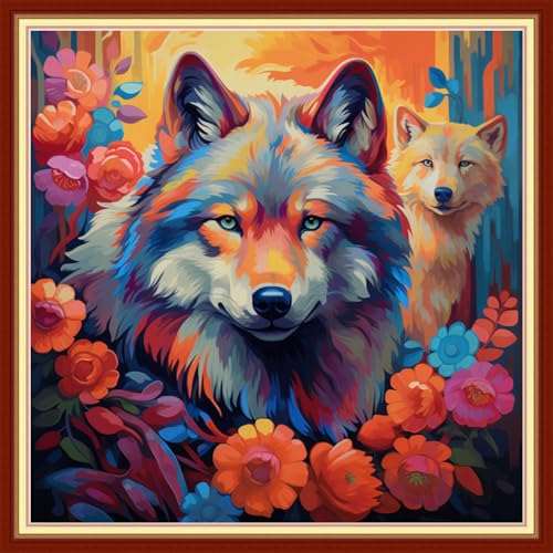 Image of Joyhoor Stamped Cross Stitch Kits for Beginners, Needlepoint Kits for Adults, 11CT Counted Embroidery Kits-Rainbow Wolf 18x18 inchs