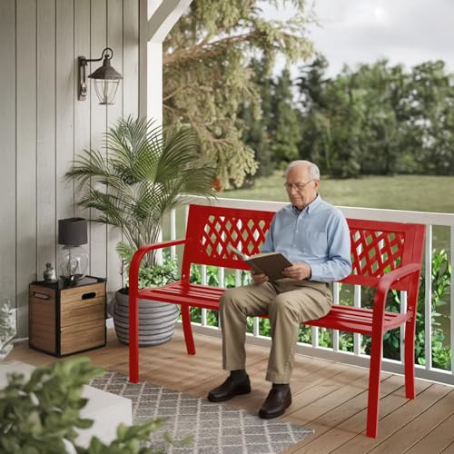 Image of VINGLI 47'' Outdoor Bench, Weather Resistant Garden Patio Bench Powder Coated Iron Frame w /PVC Mesh Backrest Slatted Seat, 2-Person Outdoor Furniture for Front Porch Entryway Park (Red)
