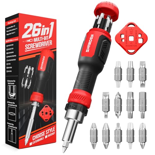 SHARDEN 26-in-1 Ratcheting Screwdriver Set Multi Ratchet Screwdriver Multi Screwdriver Tool Kit with 12 Double Ended CRV Bits Phillips Slotted Torx Hex Portable Tool for Home Bike Computer Repair