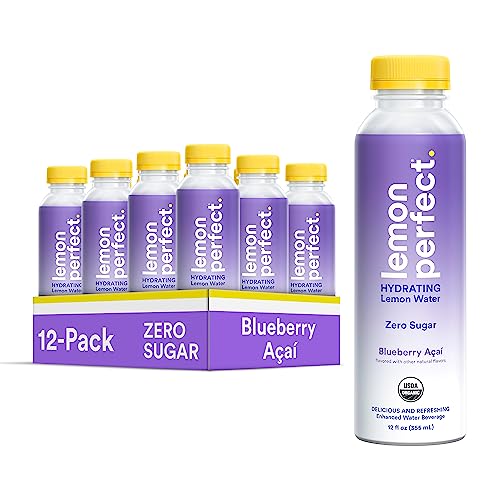 Lemon Perfect, Hydrating Organic Lemon Water, Zero Sugar, Flavored Water, Squeezed from Real Fruit, Plastic Neutral, No Artificial Ingredients, Blueberry Acai (12oz Bottles) 12pk