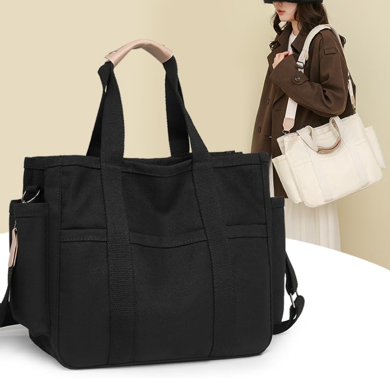 Canvas Crossbody Tote Bag with Multi Pockets for Women Work Large Handbags Shoulder Bag Messenger Bag Travel Purse - Image 8