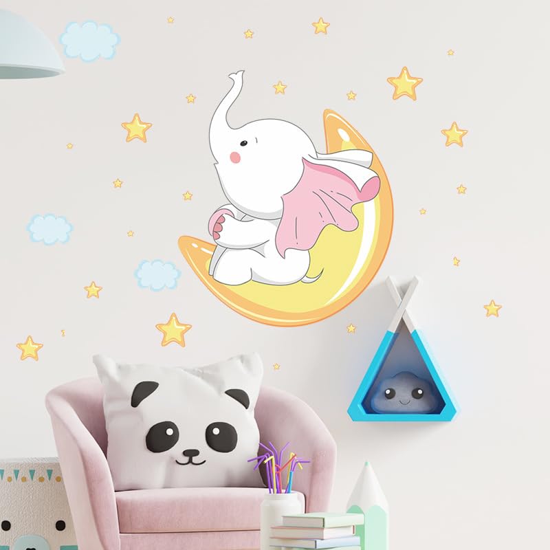 Image of Elephant & Moon Wall Stickers for Kids Baby Wall Stickers for Kids Room Bedroom Playroom Nursery Living Room Decor Wall Art Wall Decoration Boho-Self-Adhesive