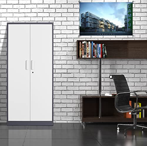 Anxxsu Metal Garage Storage Cabinet, 71" Locking Storage Cabinet With 2 Doors And 4 Adjustable Shelves, Lockable Metal Cabinet For Office,Home,Garage,Gym,School（Gray White） #TOP1