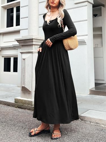 Long Sleeves Maxi Dress for Women A Line 2025 V Neck Casual Button Boho Tshirt Long Dress with Pockets2