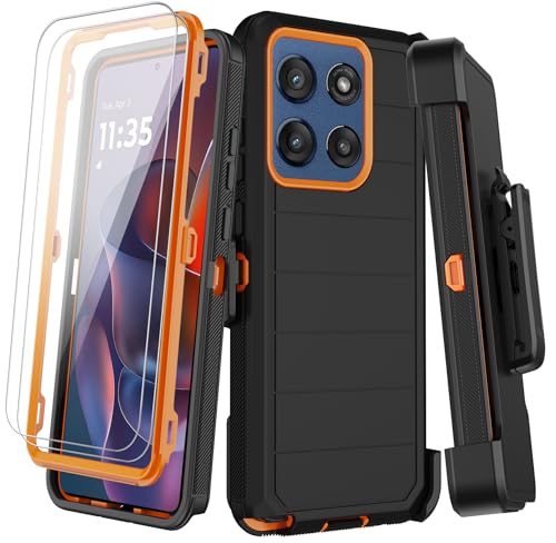 KECAI for Motorola Moto G Stylus 2025 Case with Belt Clip Holster,2X Screen Protector,Heavy Duty Shockproof Drop Protection Military Grade Rugged Full Body Phone Cover with Kickstand (Black Orange)