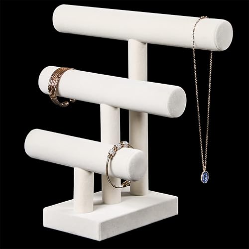 Miniatura 3 de Pangkeep Soporte de pulsera de 3 niveles, exhibiciones de pulseras para vender, soporte de exhibición de joyas beige para brazaletes, collares,