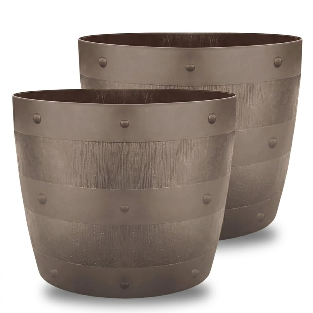 KYY'Z 34cm Whiskey Barrel Planters - Wooden-Effect Plastic Pots for Indoor & Outdoor Flowers, Herbs & Mint, Decorative Indoor-Friendly Design Planters (Brown, 2 Pack)