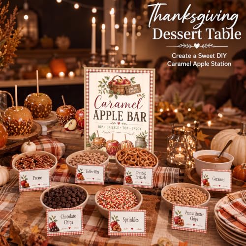 Image of Marspark 14 Pcs Caramel Apple Dipping Bar Station Decorating Set for DIY Candy Apple Corners Fall Dessert Table Sign with Stand and Cards for Fall Autumn Thanksgiving Table Decorations (Vintage)