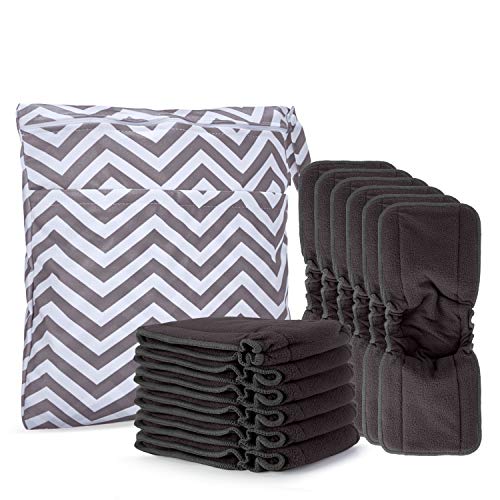 Damero Pañales Liners (12 piezas) con wet bag, Forros Reutilizable para Pañal, Insertos para Bebés Pañales Lavable, 5 capas, Fibra de bambú de carbón con pliegue elástico