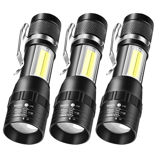 MODOAO Lot de 3 lampes de poche LED rechargeables à haute luminosité, lampe torche LED super lumineuse avec lumière latérale COB, 3 modes, lampe de travail portable zoomable, lampe de poche étanche