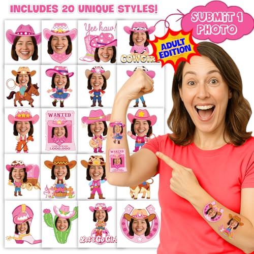 Image of Custom Cowgirl Temporary Tattoos for Kids | Personalized Pre-Cut Face Photo, Birthday Party Favors for Girls, Set of 20, Unique Celebration Gifts