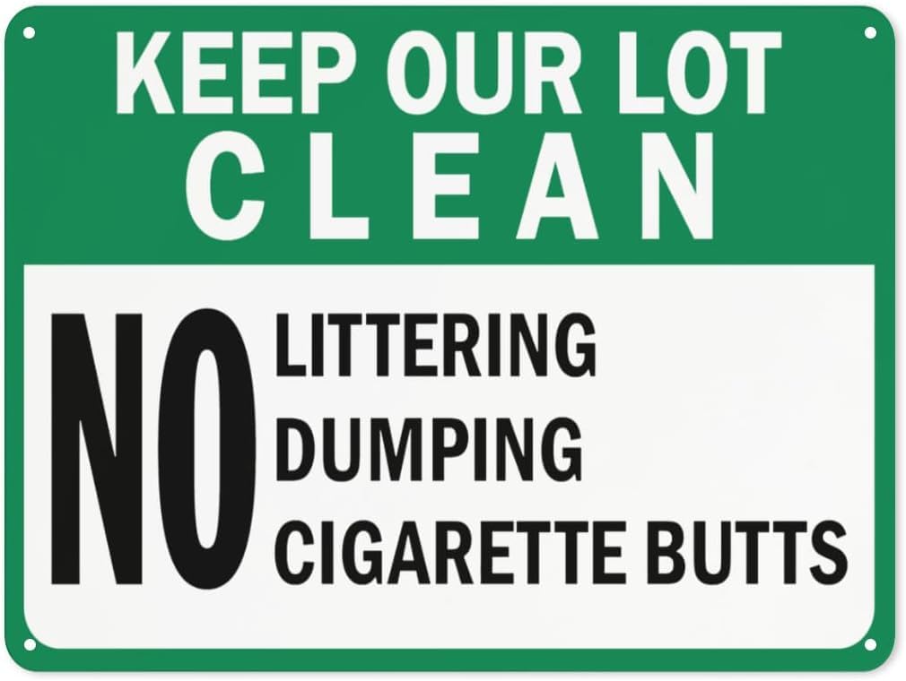 Warning Notice Keep Our Lot Clean - No Littering, Dumping, Cigarette Butts Rust Free Aluminum Tin Sign - Traffic Safety Decor with Pre-Drilled Holes for Workplace, Parking Lot - 12x8 Inch​