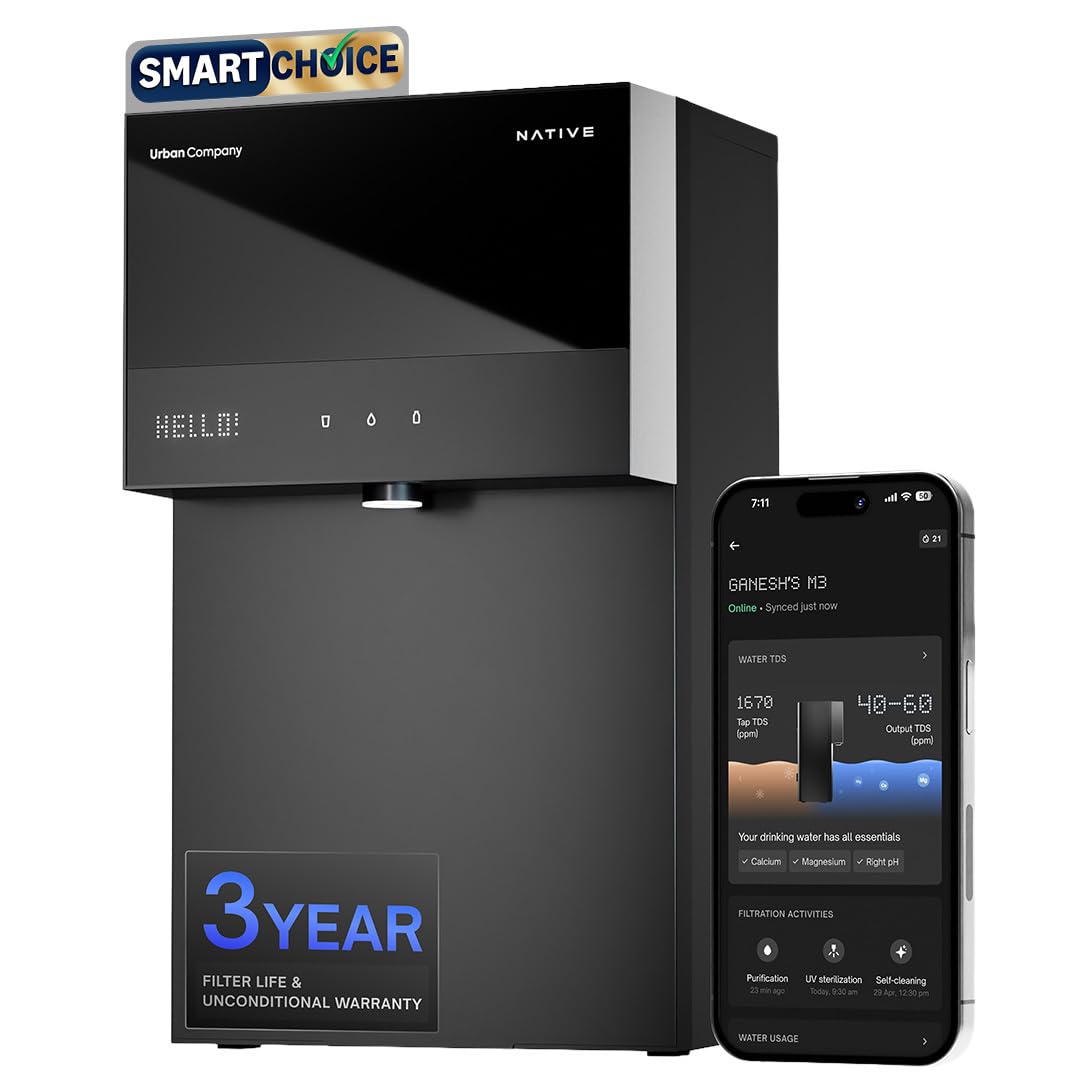 Native M3 Pro Water Purifier by Urban Company | Smartchoice | No Service for 3 Years, Unconditional Warranty | Stainless Steel Tank | 10-Stage RO+UV+100% Mineralization | Real-time Tracking
