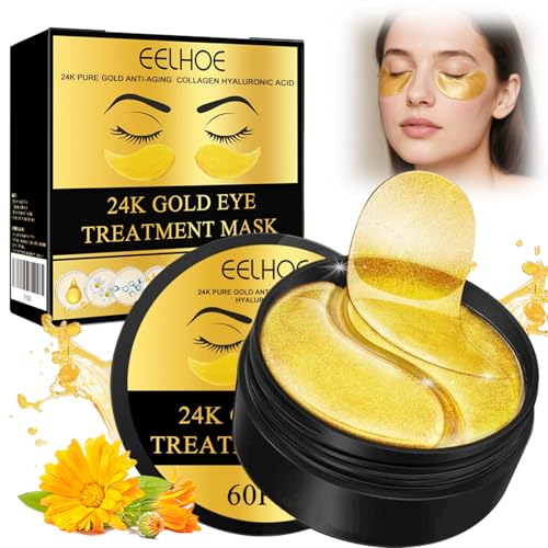 60 Unidades Parches para Ojos con Oro 24K,para Reducir Bolsas y Ojeras, Hidratante de Larga Duración Hacer Que La Piel De Los Ojos Esté Firme,Efecto Lifting y Firmeza