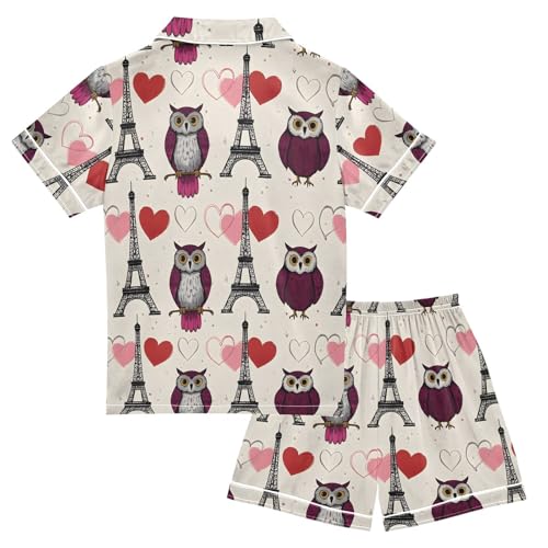 Eiffel Tower Owl Pajamas Set Summer Button Down Sleepwear Pjs Sets Comfy Loungewear2