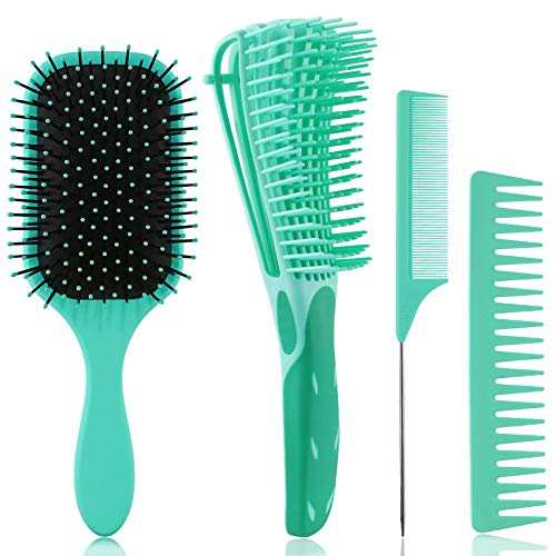 4 Piece Hair Brushes for Women Set with Detangling Brush, Paddle Brush and Hair Combs Suitable for Wet or Dry Straight Long Thick Curly Natural Hair No More Tangle (Green)