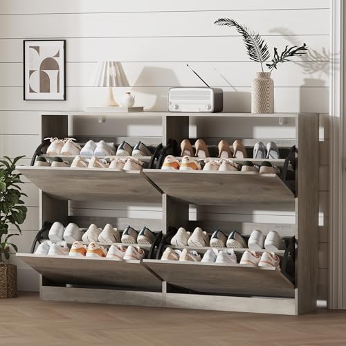 Image of Xixini Shoe Storage Cabinet for Entryway with 4 Flip Drawers, Sturdy Wood Hidden Shoe Storage, Freestanding Narrow Slim Shoe Organizer for Front Door Entrance, Living Room, Hallway, Bedroom, Grey