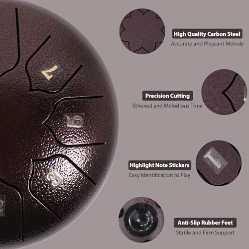 Rain Chime Drum - 8 Note 6 Inch Rain Drum for Outside Garden, with Bag, Music Book, Drumsticks, Mallet Holder and Finger Paddles, Steel Tongue Drum for Adult Gift (Bronze, 6 Inch)