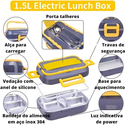 Marmita Elétrica com 3 Divisórias Acompanha Talheres Lancheira Aquecedora 12V-24V Veicular Ideal par