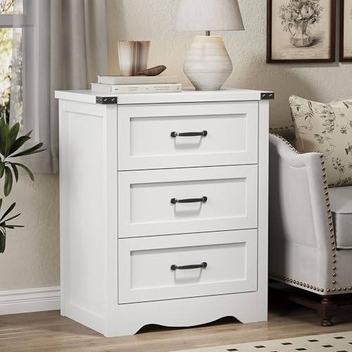 Image of Nightstand with 3 Drawers, 24 inch Wide Farmhouse Bedside End Table, Rustic Wood Side Table Night Stand with Mental Handle, Tall Modern Small Dresser Chest of Drawers for Bedroom, Living Room, Dorm, White