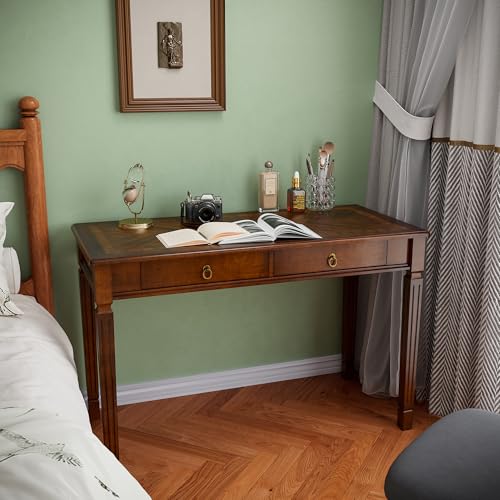 LEEMTORIG Vintage Solid Wood Writing Desk with 2 Drawers, 46.1' W Large Secretary Desk, Cherry Wood Writing Table for Home Office, Traditional French Provincial Mahogany Desk, Cherry Walnut BSZ-D1258