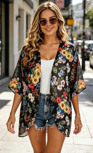 Image of FINOCEANS Womens Floral Chiffon Kimono Cardigans Loose Beach Cover Up Half Sleeve Tops