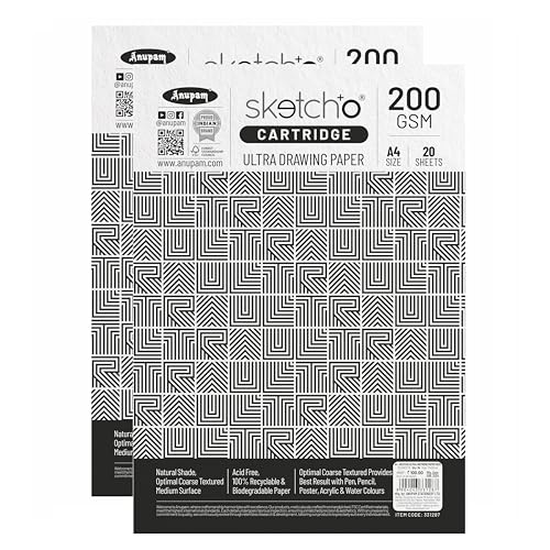 Image of Anupam Sketch-O Ultra Artist Drawing Paper A4, 40 Pages, 200GSM, Durable Acid Free Drawing Paper Drawing Loose Sheet for Artists Kids & Professionals for Marker Colored,Pencil Charcoal (Pack of 2)