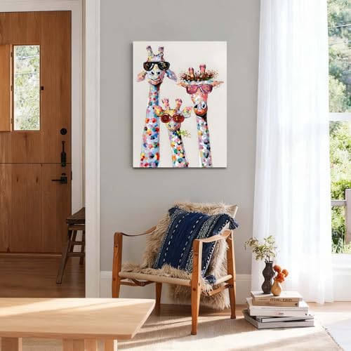 Leinwand Bilder Wandbild 30x40 cm mit Rahmen – Bunte Giraffen im -Design, Kunstdruck auf Leinwand, Ideal für Wohnzimmer, Schlafzimmer oder Kinderzimmer, Mit fixierten Haken und ohne Spuren Nägeln