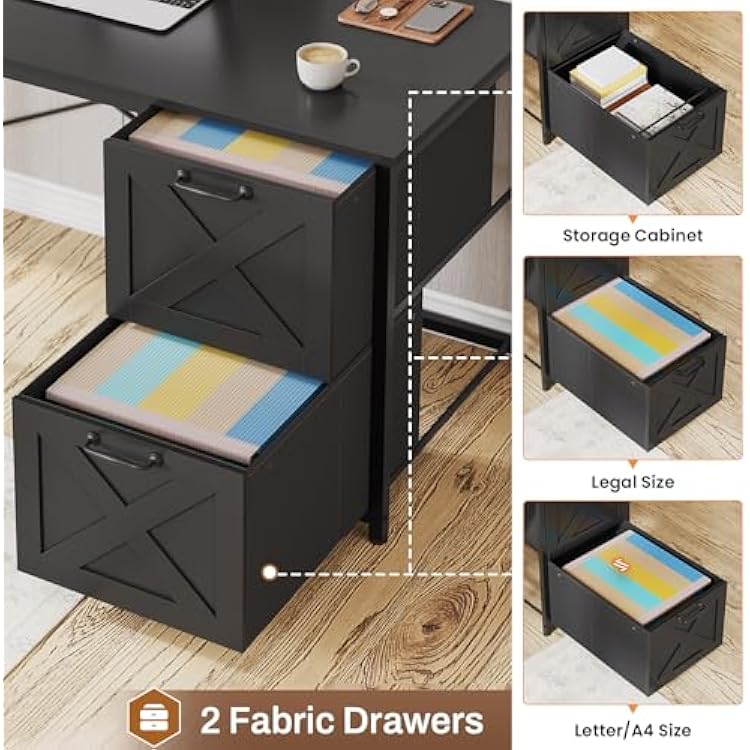 SEDETA Corner Computer Desk, Reversible L Shaped Computer Desk with Fabric Drawers and Power Outlet, Gaming Desk with Led Lights, Hutch and Storage Shelf for Home Office, Black