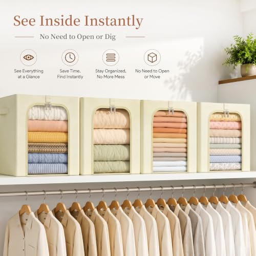 Image of GoMaihe Clothes Storage Bins with Metal Frame, 40L Sweater Storage Boxes for Above Shelf Closet, 4 Pack Stackable Clothing Storage Organizer with Clear Window for Jeans Hoodies T-shirt - Beige