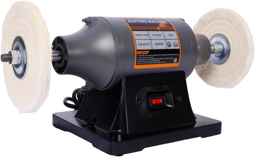 6-Inch Benchtop Buffer and Polisher Machine for Metal, Wood, Jewelry, Knives - Electric Buffing Grinder with 4 Wheels (Gray + ABS+Steel(Q235))