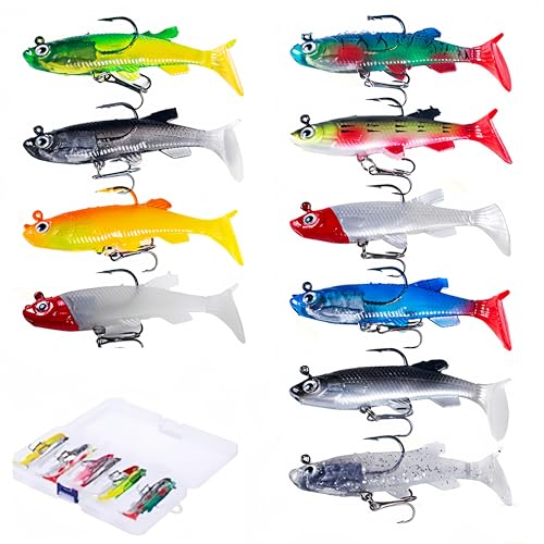 CAASFOOY 10 señuelos de pesca artificiales para pesca de lubina, trucha y peces carnívoros para agua dulce y salada (con 1 caja de plástico)