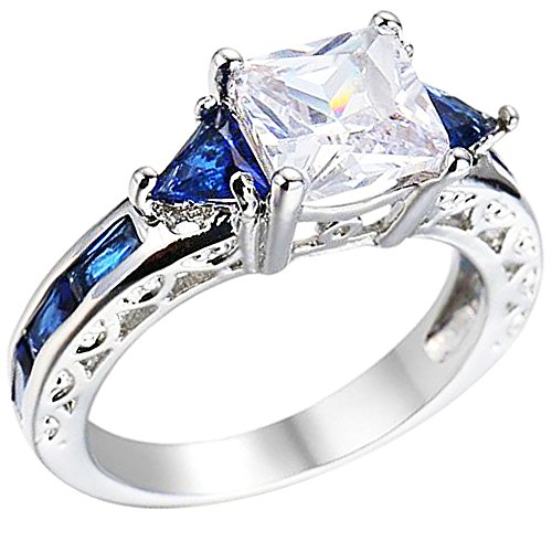 Xahh Women White Gold Plated Square Sapphire Blue Double Tone Cz Bridal Engagement Wedding Ring Size 5-10 Size 6 #TOP1