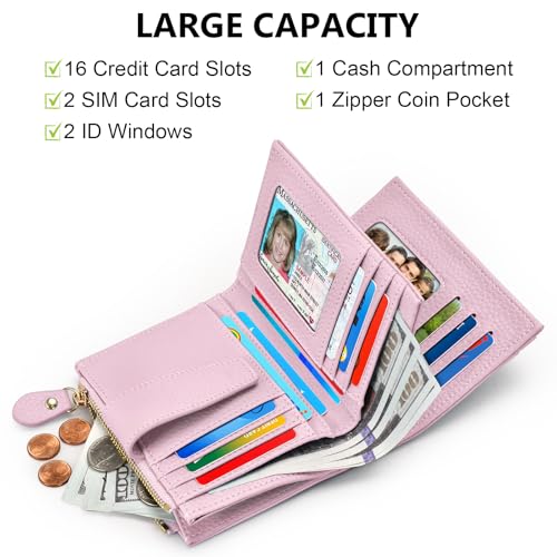 oscaurt Small Wallet Women RFID Blocking Bifold Compact Credit Card Holder Leather Wallets for Women with Zipper Coin Pocket and 2 ID Window (Pink)2