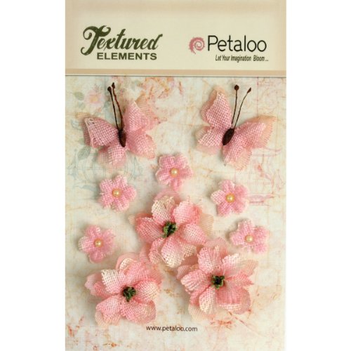 Petaloo Textured Elements Burlap Decorative Flowers and Butterflies, Pink, 10-Pack