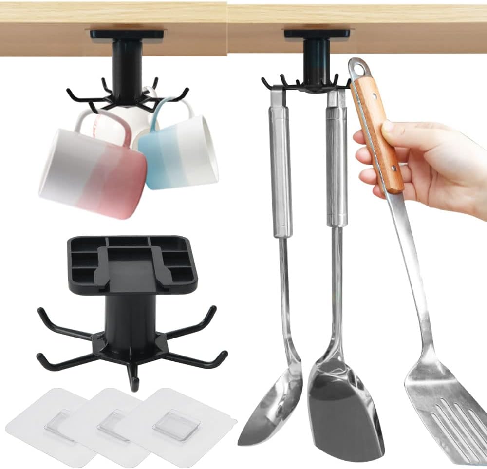 Favengo3 Pieces Hook Rack for Kitchen Utensils 360° Rotation Kitchen Hook Rack Kitchen Hook Rack No Drilling Hanging Organiser Hanging Rail with Six Hooks and Two Adhesive for Kitchen Utensils