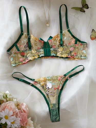 Image of Sexy Floral Embroidered Flower Mesh Underwire Push Up Lingerie Set