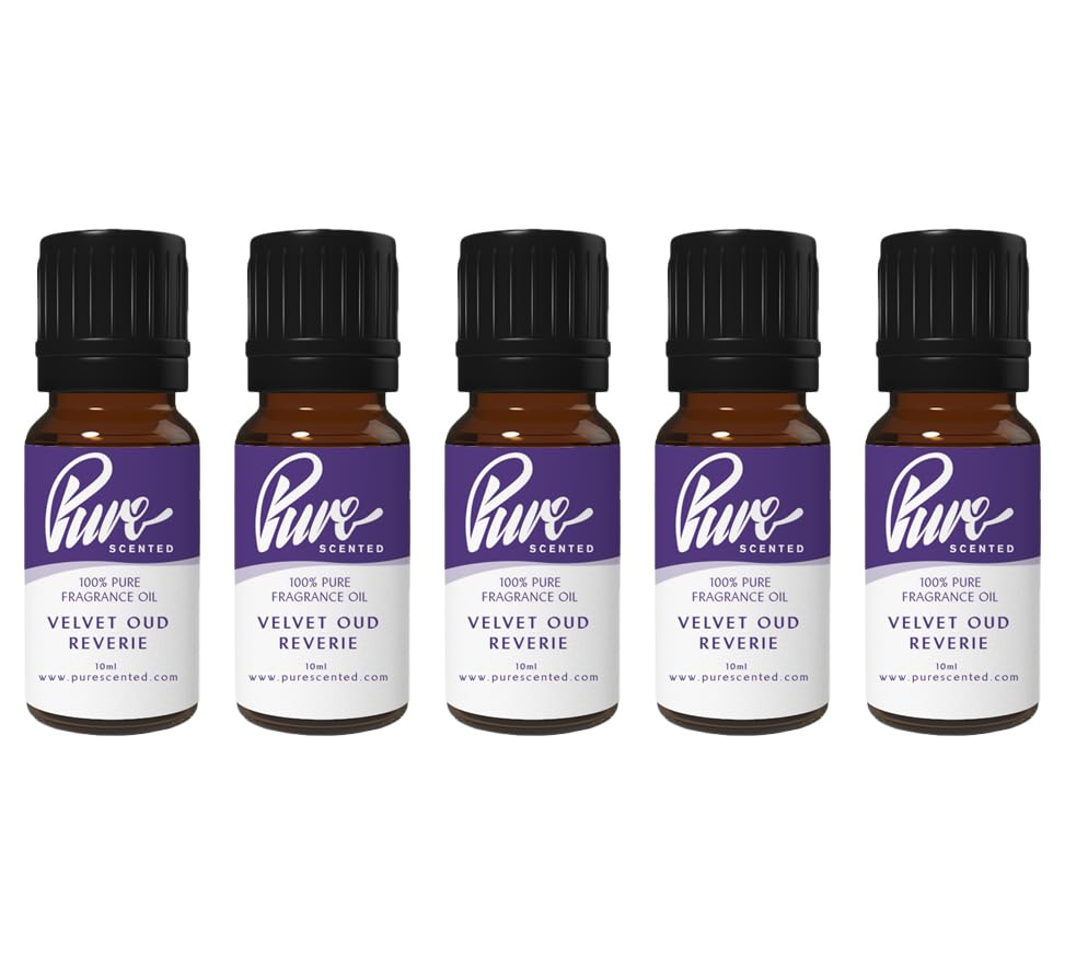 Pure Scented 50ml Fragrance Oils - 5 x 10ml Suitable for Candles, Soaps, Slime, Diffusers, Cosmetics, Wax Melts, Designer (5 x 10ml, Velvet Oud Reverie)