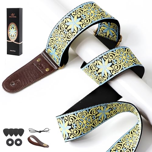 WELAIYOOUQ Guitar Strap, Embroidered Cotton Guitar Straps, Double Sided Leather Ends, Electric & Acoustic Guitars, with Free Strap Button, Strap Locks and 4 Guitar Picks, Yellow and Blue Jacquard
