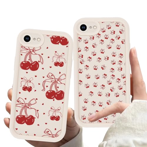 Zrutru 2 Pack Cherry Phone Case for iPhone 6 4.7',Cute Aesthetic Cases Kawaii Bow Design Pattern Cover for Girls Women,Beige Soft Anti-Scratch Shockproof Protection Funda for iPhone 6