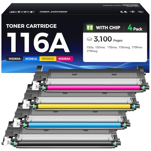 116A Toner Cartridge Set 4-Pack Black Cyan Yellow Magenta High Yield Replacement for HP 116A W2060A W2061A W2062A W2063A Compatible for HP Color Laser MFP 178nw 178nwg 179fnw 179fwg 150a 150nw Printer