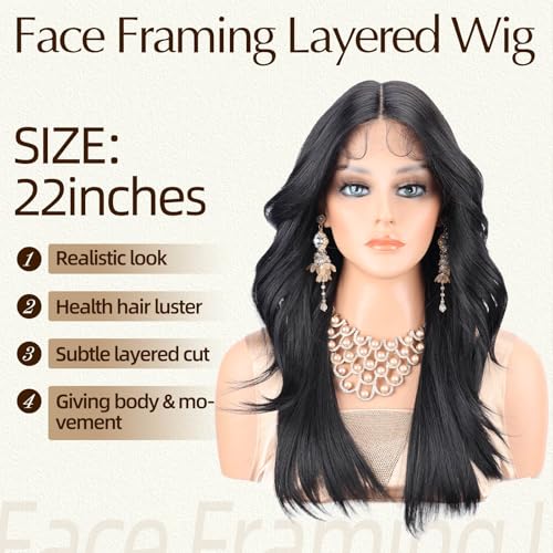 Blissource 13x4x1 HD Lace Front Wigs for Women,Black Long Layered Wave Wig Natural Hairline Heat Resistant Synthetic for Daily Use Beginner Friendly 22 Inch — view 3