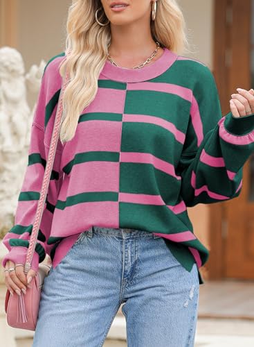 Image of EVALESS Womens Striped Sweaters Long Sleeve Cable Knitted Color Block Casual Loose Lightweight Oversized Sweaters Pullover