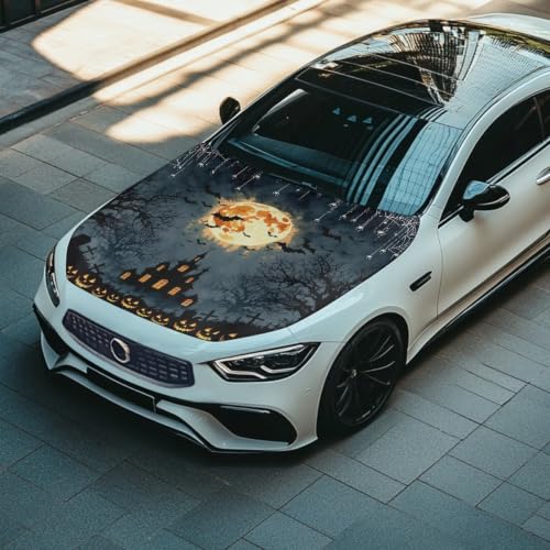 Image of Car Hood Cover Protector Halloween Haunted House Print Waterproof Car Hood Wrap Blanket Auto Flag Automotive Halloween Exterior Accessories for Sedans SUVs Pickups Trucks Jeeps