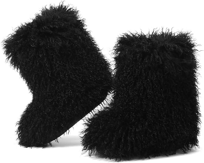 Kids Fur Boots Furry Boots for Girls Warm Faux Fur Mongolian Snow Boots for Kids,Flat